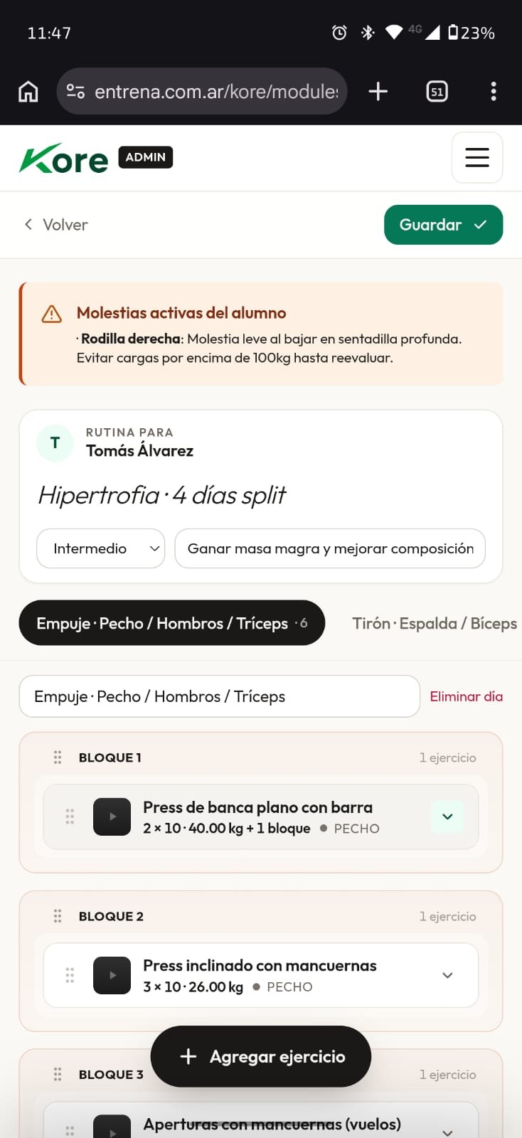 Armador de rutinas del profesor con banner de molestias y bloques